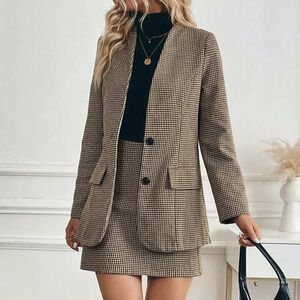 Coffee Brown Elegant Women's Vintage French V-Neck Tailored Suit Set